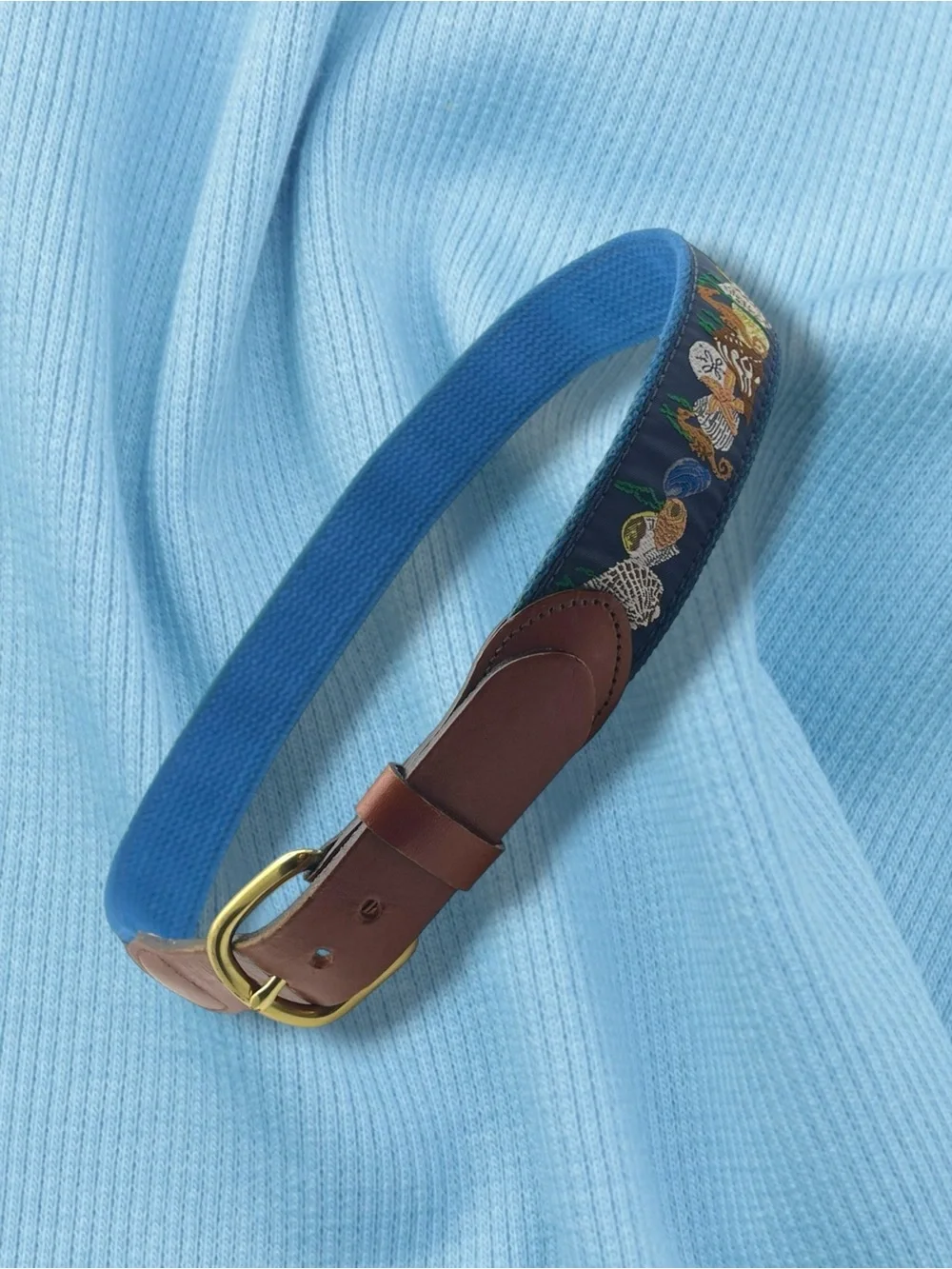 Leather & Seashell - Blue -  Embroidered Belt - Handmade in Essex, CT Size 28
